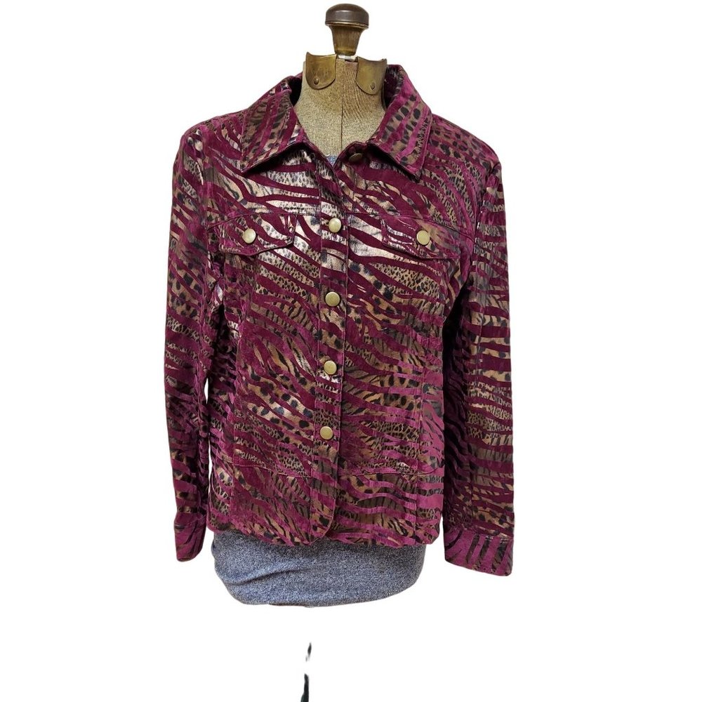 Bamboo Traders Animal Print Maroon Burnout Jacket Petite Womens PL